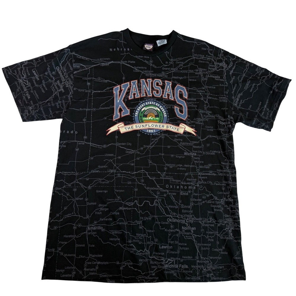 Vtg State of Mine Kansas Sunflower State Map T-Shirt Mens L Black All Over Print